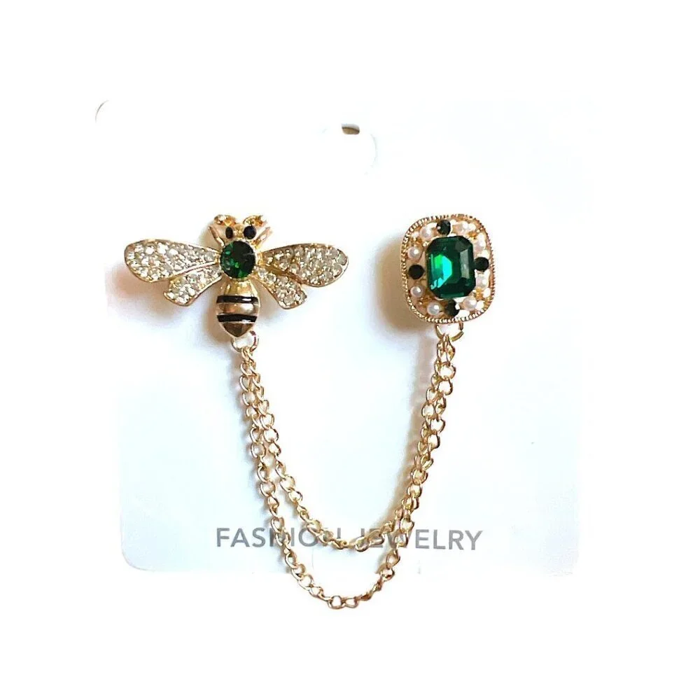 New Gold Bee Brooch CZ Green Hanging Chain Connector Handbag Accessory Stud Pins